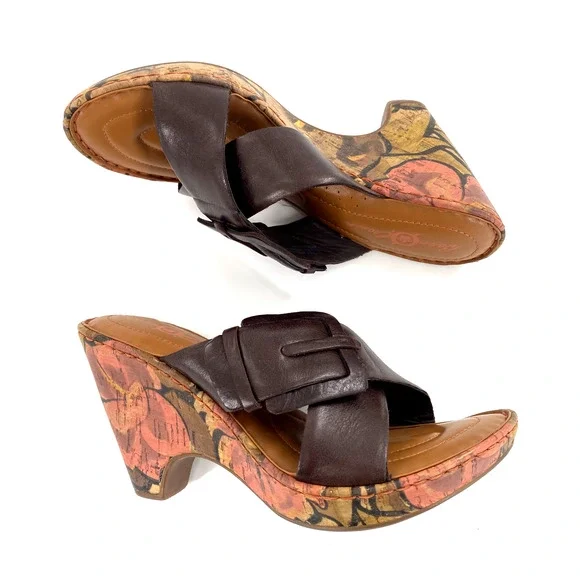 Born Crown Cross Strap Floral Cork Heel Sandals Sz 38/7.5 Brown Leather Buckle - Picture 2 of 10